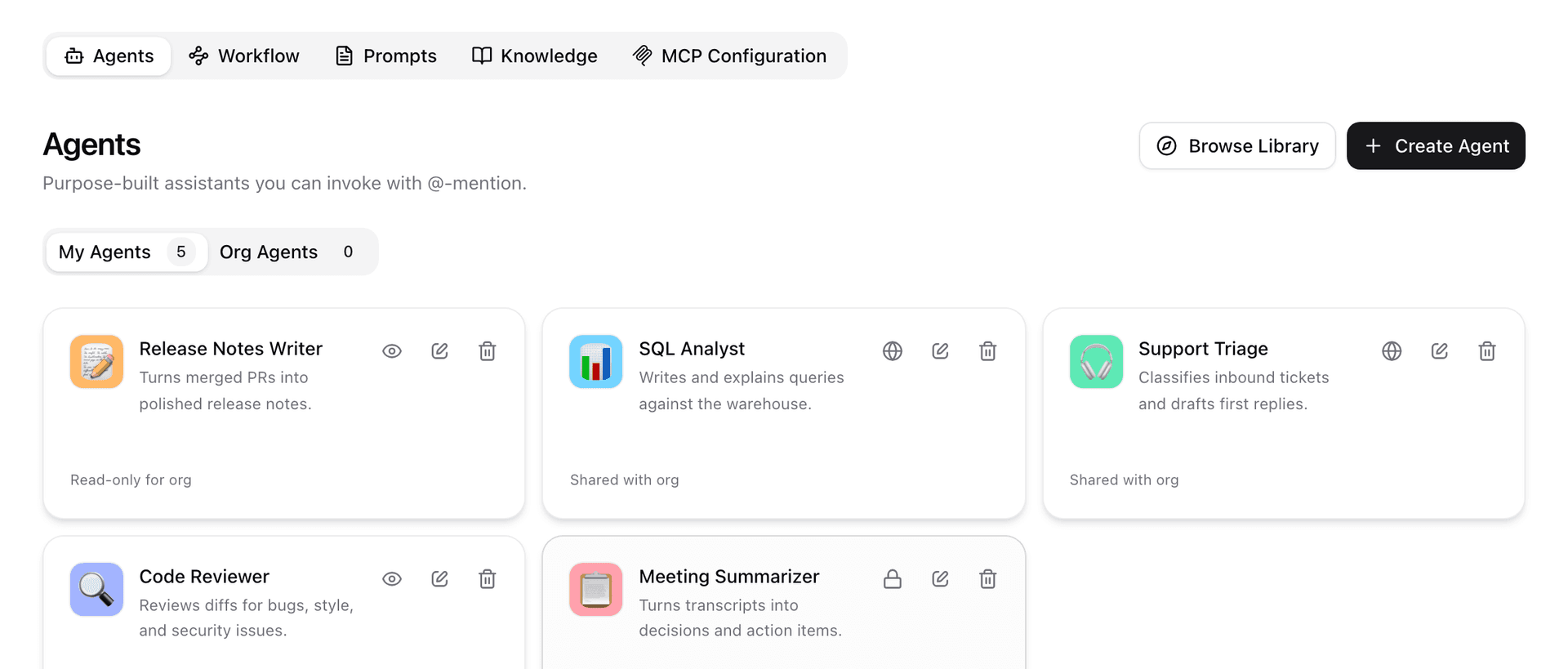 Agents workspace with purpose-built assistants and per-agent visibility controls