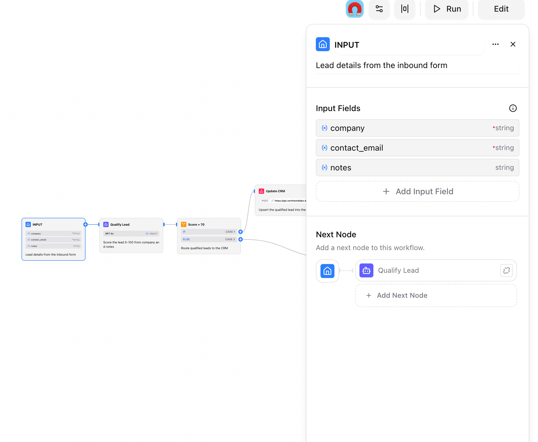 Workflow node inspector with typed inputs and outputs