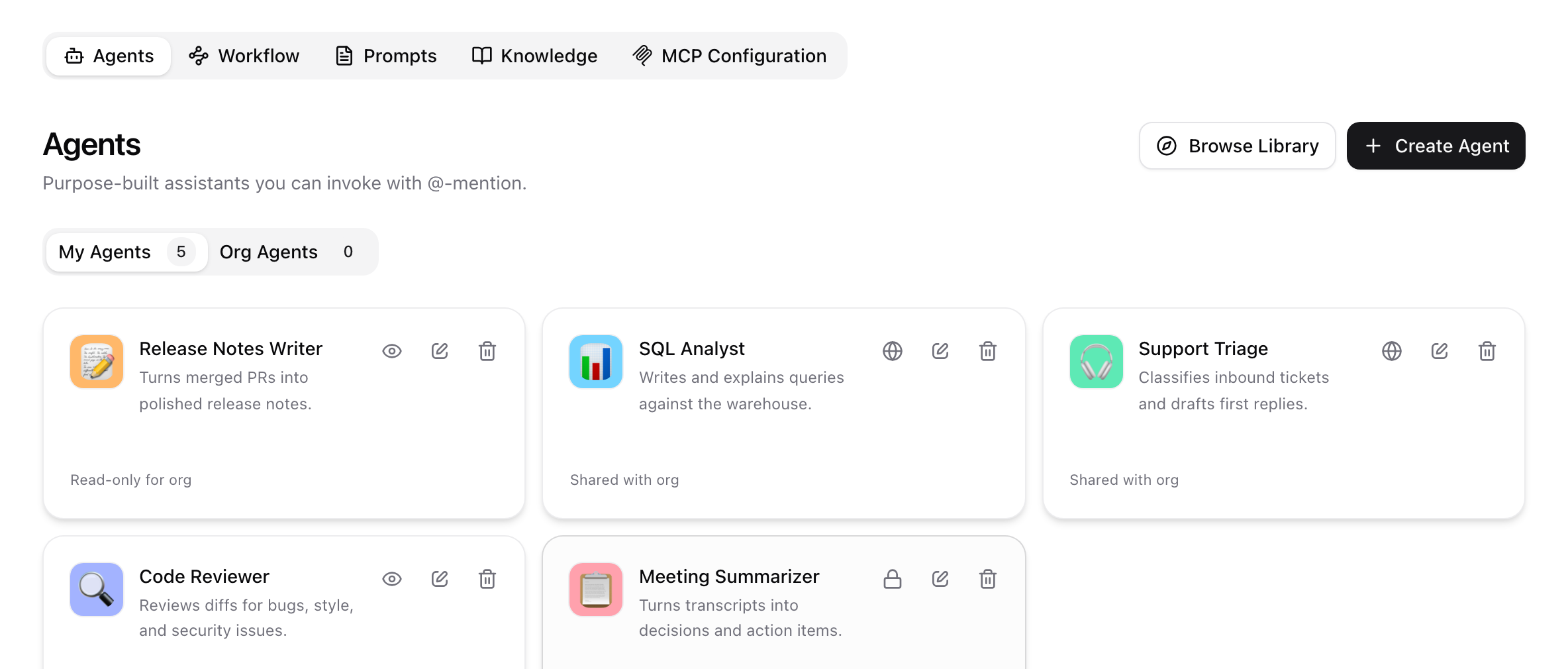 Wirebase agents workspace with purpose-built assistants shared across the organization