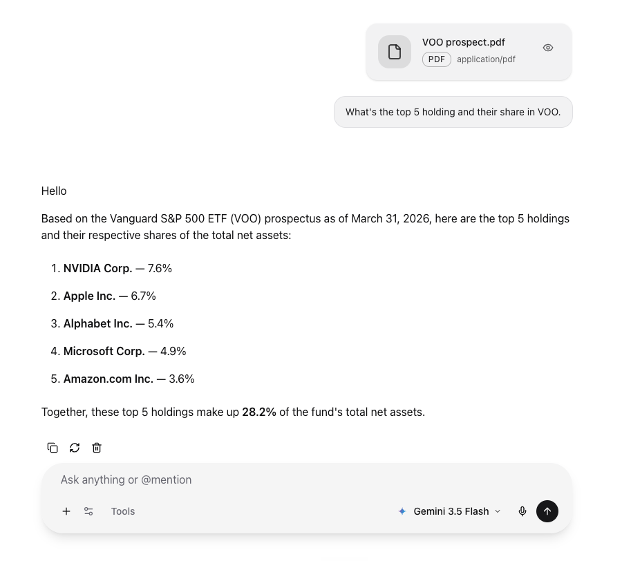 A chat thread with a PDF attached and the assistant's answer drawn from it