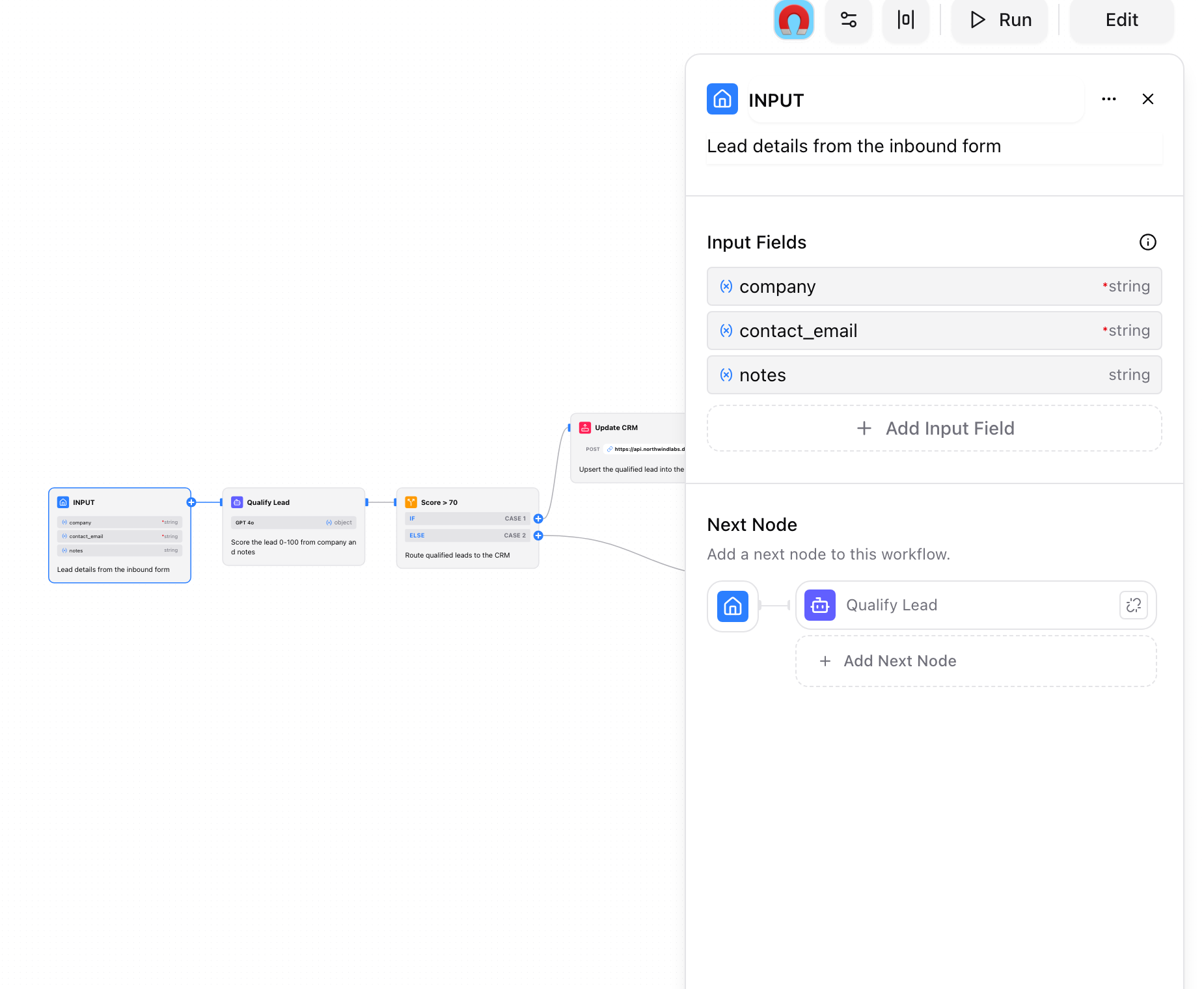Workflow node inspector with typed inputs and outputs